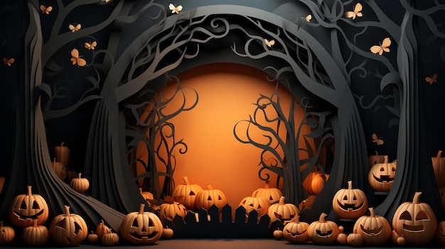 3D Papercut Handwerk Halloween Landschaft minimale Szene Hintergrund Generative KI