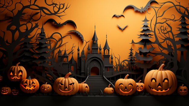 3D-Papercut-Handwerk Leer Podium mit Halloween-Kürbissen minimaler Szenen-Hintergrund Generative KI