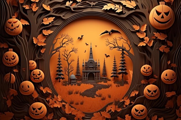 3D-Papierschnitt von Halloween-Konzept minimaler Szenen-Hintergrund Generative KI