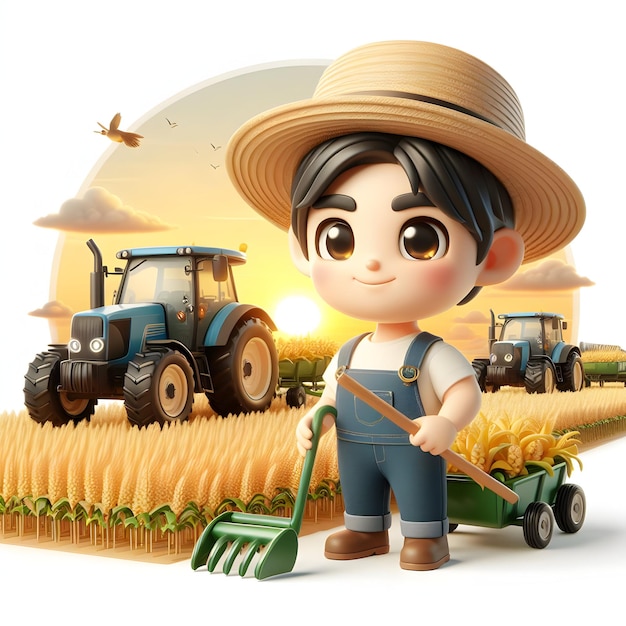 3d para o conceito de personagem de ocupação Farmer Dawn com Tractores e Golden Fields com branco isolado