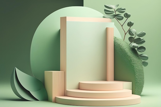 3D Pastel Green Podium Display Natur Holzständer Hintergrund für Produkte Generative ai