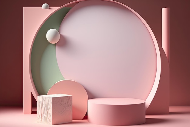 3D Pastel Pink Podium Display naturaleza soporte de madera Fondo para productos Generative ai