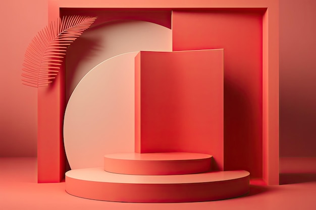 3D Pastel Red Podium Display naturaleza soporte de madera Fondo para productos Generativo ai