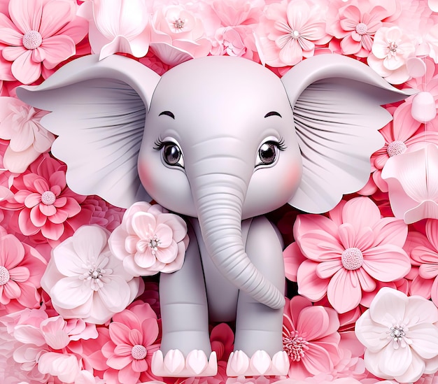 3D-Pastellrosa-Elefant mit Blumenhintergrund