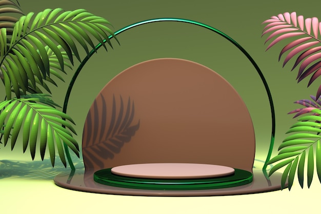 3d pedestal abstracto palmera render ilustración podio verde rosa pasos para promoción de marca