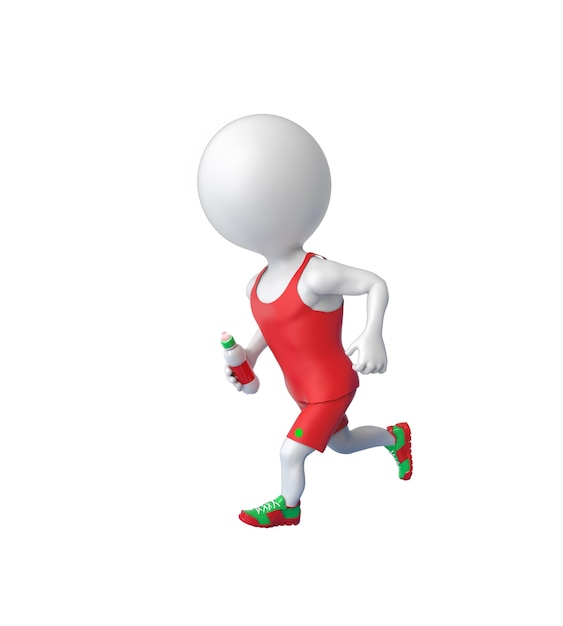3D pequeno esportista branco correndo com a garrafa na mão isolada sobre o branco