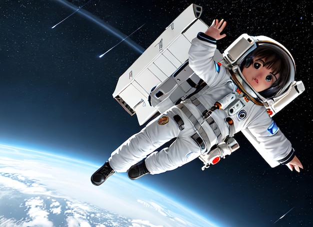 3D pequeño lindo bebé astronauta volando en el fondo del espacio