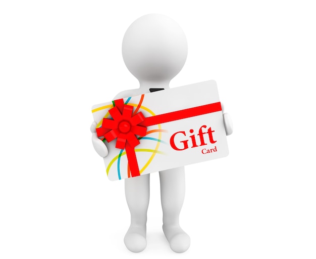 3D-Person mit einer Geschenkkarte auf weißem Hintergrund