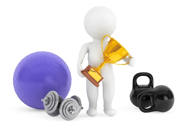 3D-Person mit Fitness-Objekten und Trophäe auf weißem Hintergrund