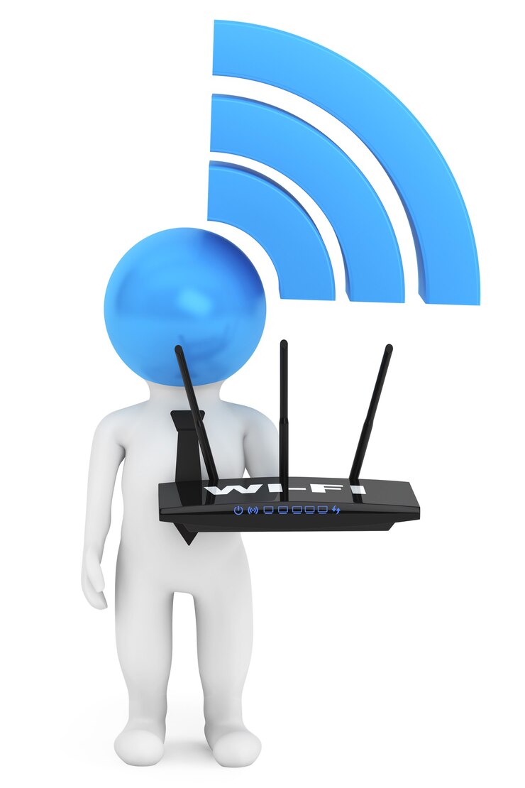 Foto 3d-person mit wifi-zeichen und router auf weißem hintergrund