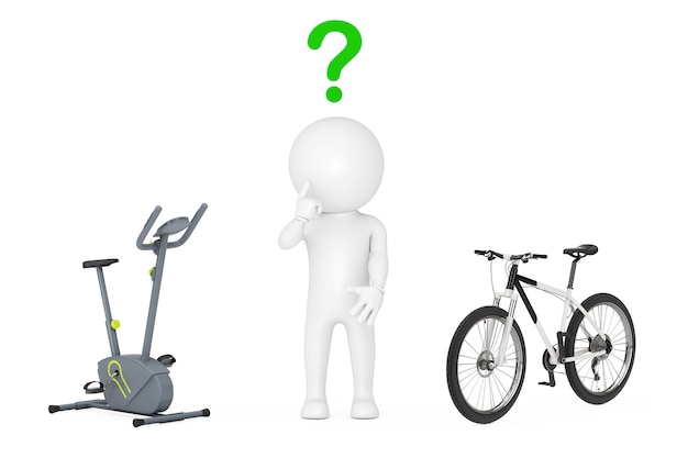3d persona pensando entre bicicleta estática gimnasio máquina y bicicleta de montaña en blanco y negro sobre un fondo blanco. Representación 3D