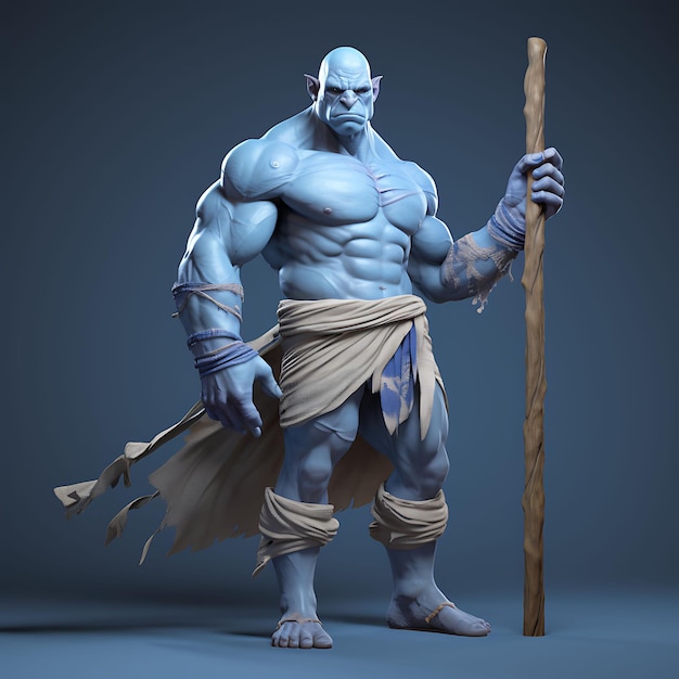 3D Personagem Cíclope Macho Burly Pale Blue segurando um enorme Clube Gigante Wa Arte de Design de Ativos de Jogo