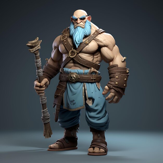 3D Personagem Cíclope Macho Burly Pale Blue segurando um enorme Clube Gigante Wa Arte de Design de Ativos de Jogo