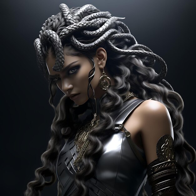 3D Personagem Feminina Gorgona Atlética Pedra Cinza Segurando uma Serpente Medusa S Jogo Arte de Design de Ativos