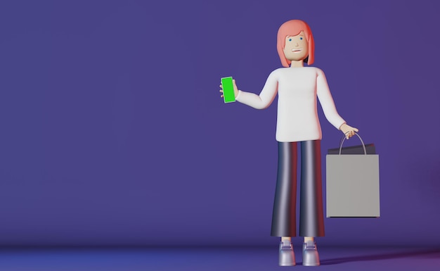 3d personagem menina venda moda saco de compras fundo roxo renderização Mulher de cabelo rosa e maquete de tela de smartphone