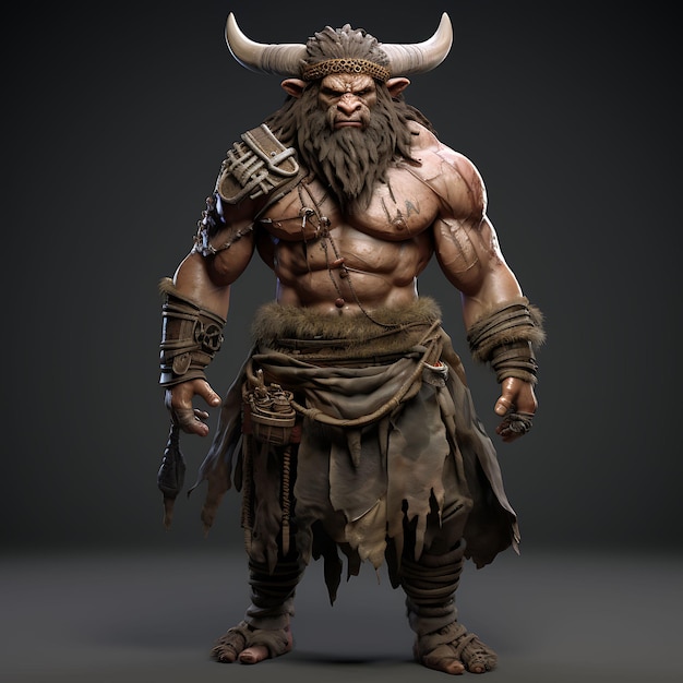 3D Personagem Minotauro Masculino Brawny Brown segurando um Clube de Batalha Beas Selvagens Arte de Design de Ativos de Jogo