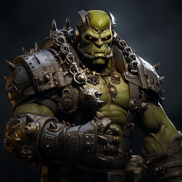 3D Personagem Orc masculino Muscular Pele Verde segurando um Steam Maul Steampunk Jogo Asset Design Art