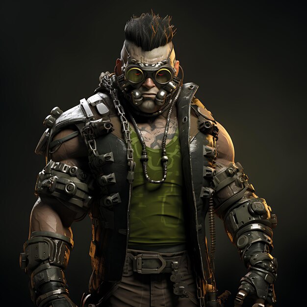 3D Personagem Orc masculino Muscular Pele Verde segurando um Steam Maul Steampunk Jogo Asset Design Art