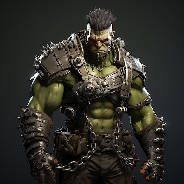 3D Personagem Orc masculino Muscular Pele Verde segurando um Steam Maul Steampunk Jogo Asset Design Art