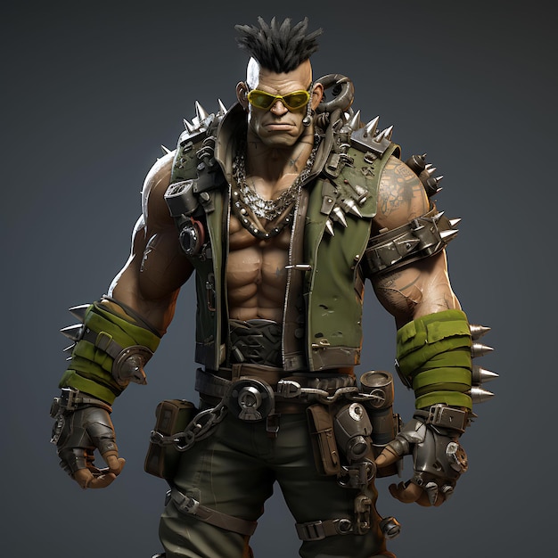 3D Personagem Orc masculino Muscular Pele Verde segurando um Steam Maul Steampunk Jogo Asset Design Art