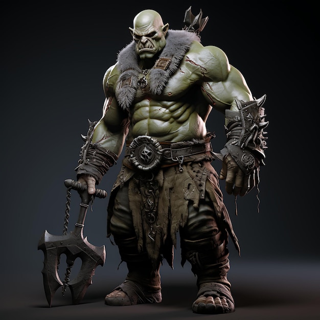 3D Personagem Orc masculino Verde musculoso segurando um machado de batalha Berserker Skull Jogo Asset Design Art