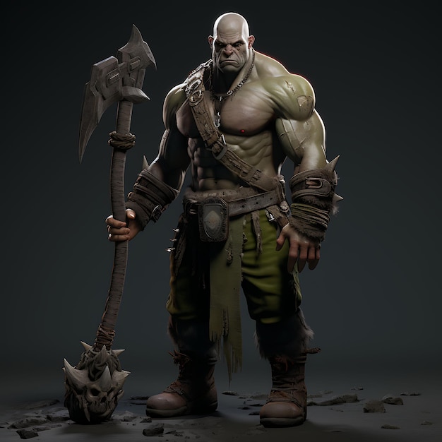 3D Personagem Orc masculino Verde musculoso segurando um machado de batalha Berserker Skull Jogo Asset Design Art