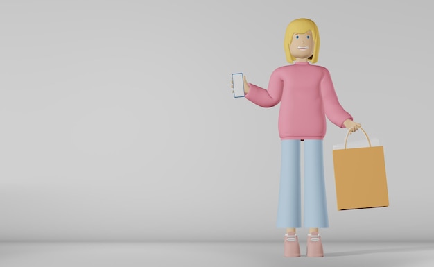 3d personaje chica venta moda bolsa de compras fondo blanco 3D renderizado Mujer joven rubia y maqueta de pantalla de teléfono inteligente