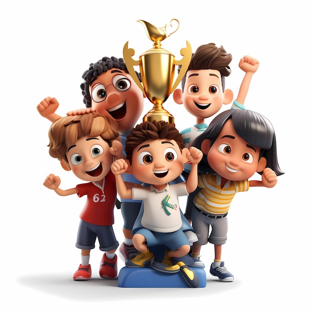 3D personaje de dibujos animados bonito grupo de personas estudiantes niños sosteniendo un trofeo celebrando campeón de oro