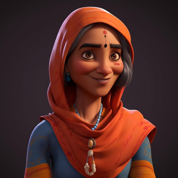 3d personaje de una mujer hindú con un pañuelo rojo y una cara sonriente