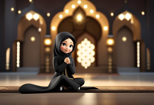 3d personaje musulmán hijab niña linda sonrisa en la mezquita