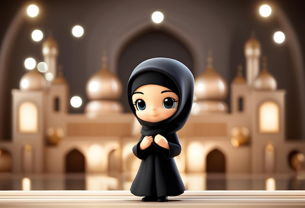3d personaje musulmán hijab niña linda sonrisa en la mezquita