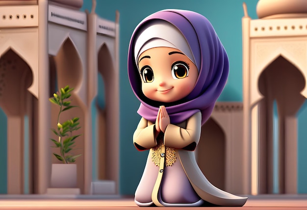 3d personaje musulmán hijab niña linda sonrisa en la mezquita