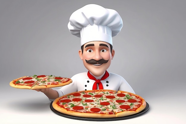 3D personas blancas cocinando pizza con una pizza y un sombrero de chef
