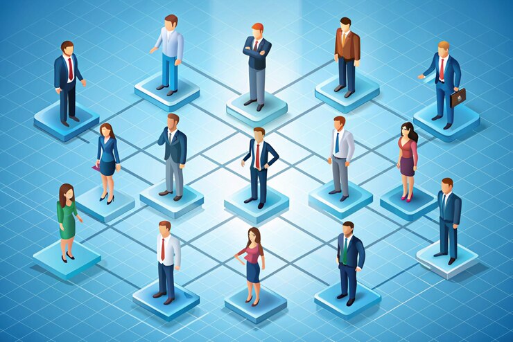 3D Personas que se comunican Estructura subordinada de gestión de la empresa Distribución de asignaciones de delegación Concepto de negocio Se puede utilizar para muchos propósitos Vector en estilo 3D
