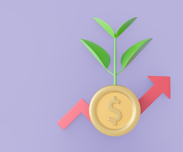 3D-Pflanzenbaum wachsen mit Dollarmünze und rotem Diagrammpfeil. 3D-Darstellungs-Rendering.