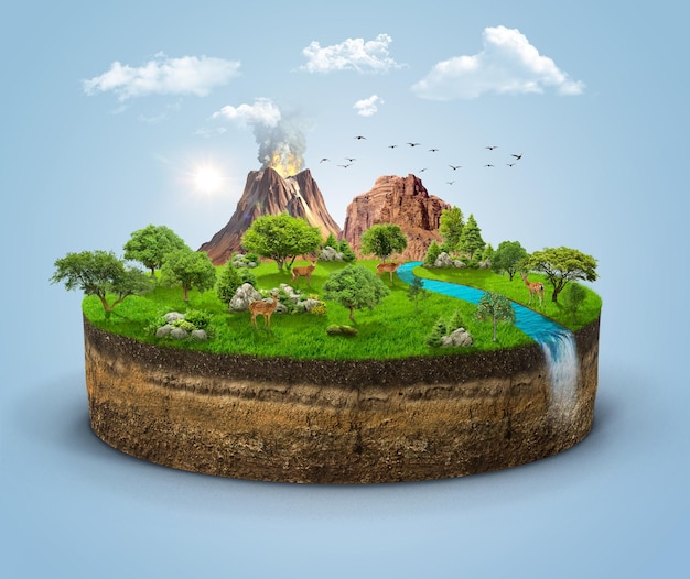 3d pieza isométrica tierra de bosque con árboles montañas cascada y hierba verde ilustración 3d