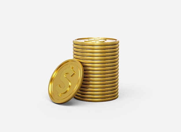3d pila de monedas de oro de dólares estadounidenses monedas redondeadas brillantes apiladas sobre un fondo blanco Ilustración 3d
