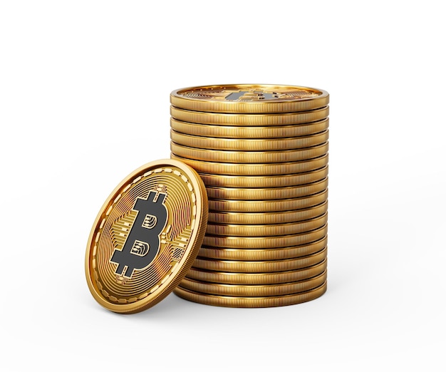 3d pila de monedas redondeadas brillantes de Bitcoin de criptomoneda de oro pila de fondo blanco ilustración 3d