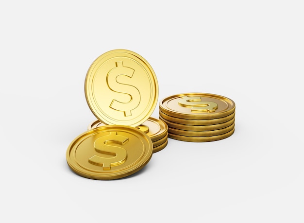 3d pilha de moedas de ouro de dólar americano moedas arredondadas brilhantes empilhadas em fundo branco Ilustração 3d