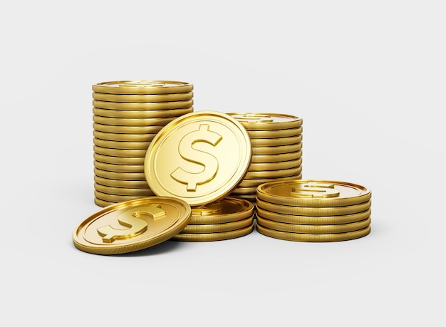 3d pilha de moedas de ouro de dólar americano moedas arredondadas brilhantes empilhadas em fundo branco Ilustração 3d