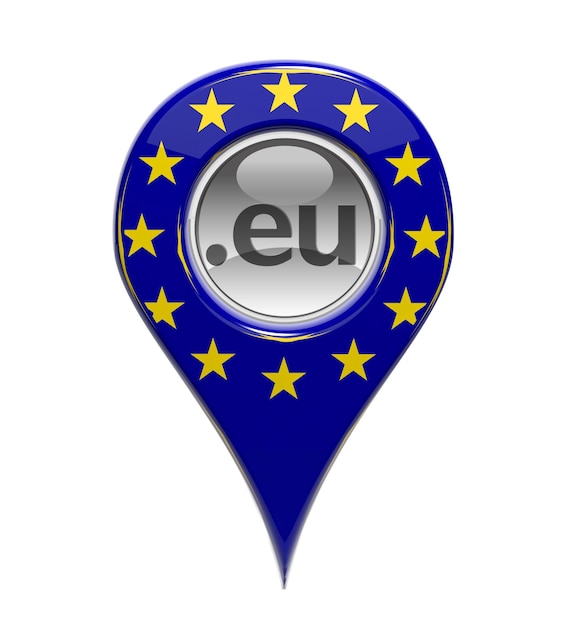 Foto 3d-pin-domänenmarker mit isolierter europäischer flagge