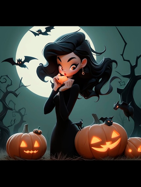 3D pixar chica vampiro de halloween con calabaza