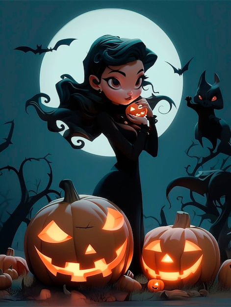 3d pixar girl vampiro halloween com abóbora