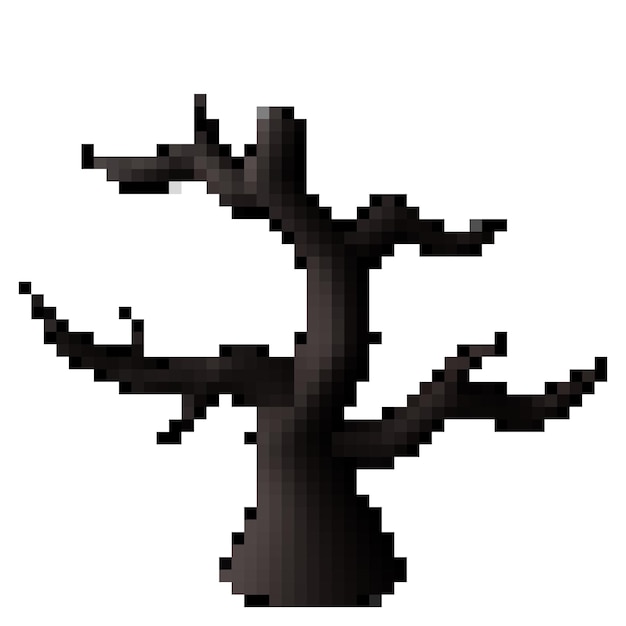 3D-Pixel-Cartoon-Stil schwarz getrockneter Baum, Naturherbstsaison und Halloween-Dekorationsdesign-Thema