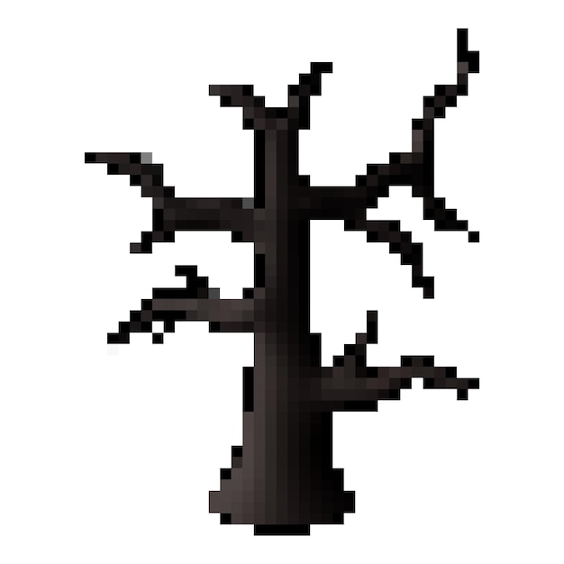 3D-Pixel-Cartoon-Stil schwarz getrockneter Baum, Naturherbstsaison und Halloween-Dekorationsdesign-Thema