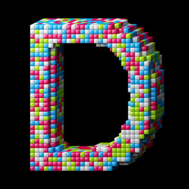 Foto 3d pixeliges alphabet. buchstabe d gemacht von den glatten würfeln lokalisiert auf schwarzem.