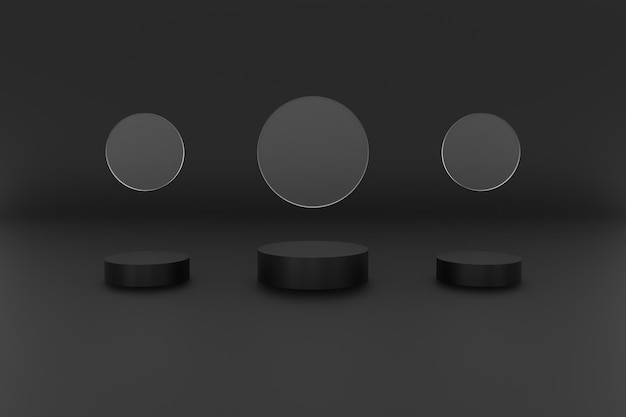 Foto 3d-plattform in schwarzer farbe für produkthintergrund, bühne oder podium und leere ausstellungsplattform mit glas