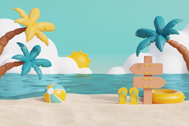 3d Playa de arena tropical de verano en un día soleado con cocoteros y elementos de verano 3d renderizado