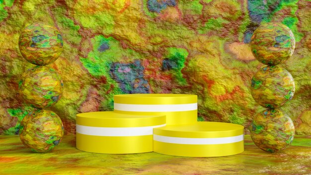 3d pódio amarelo com fundo de pedra colorido renderização em 3d