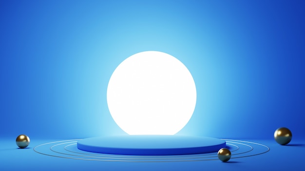 3d de podio azul con bola de luz y esferas doradas